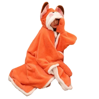 Winter Cartoon Fox Thick Hooded Blanket