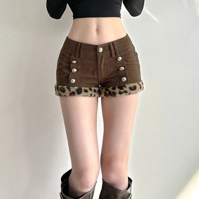 Y2K Baddie Leopard Corduroy Brown Shorts