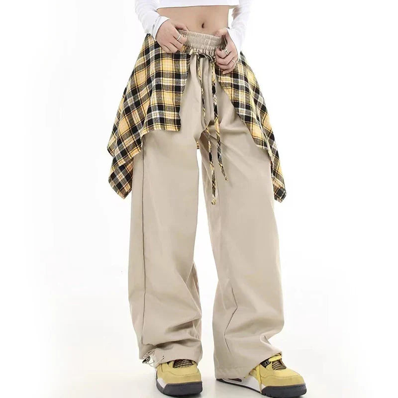 Patchwork Plaid Skirt High Waisted Pants