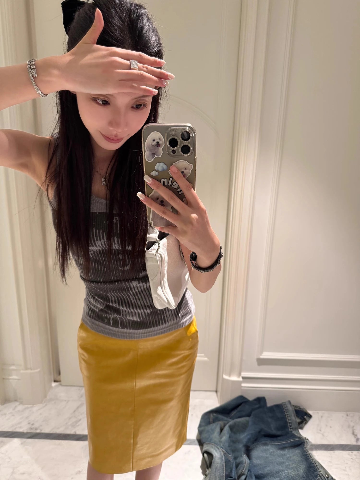 Shiny Reflective Yellow Patent Leather Skirt