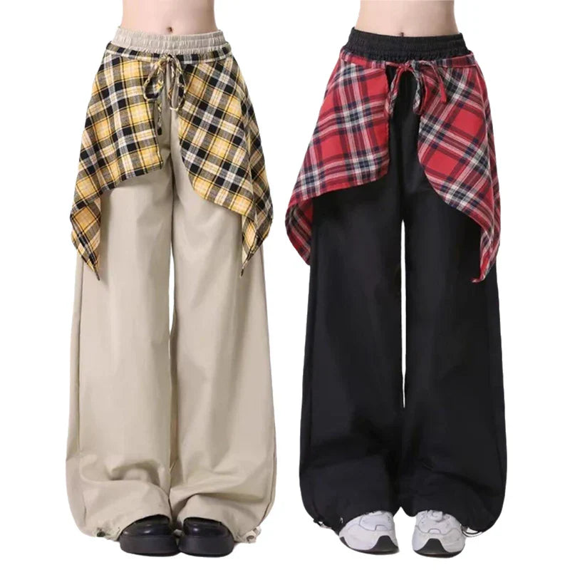 Patchwork Plaid Skirt High Waisted Pants