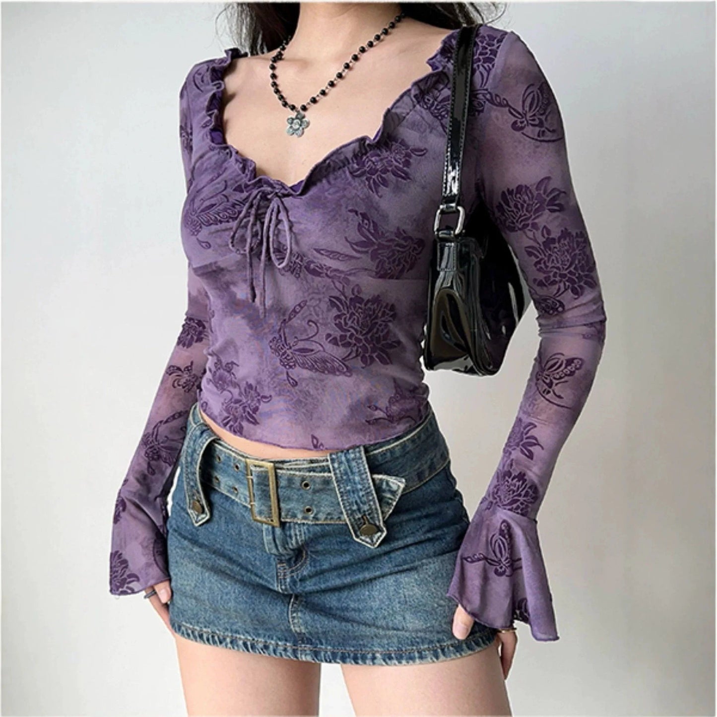 Y2K Floral Purple Blouse