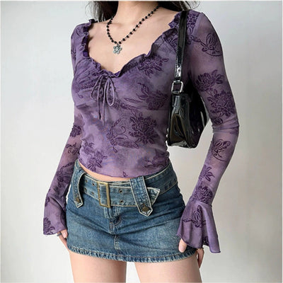 Y2K Floral Purple Blouse