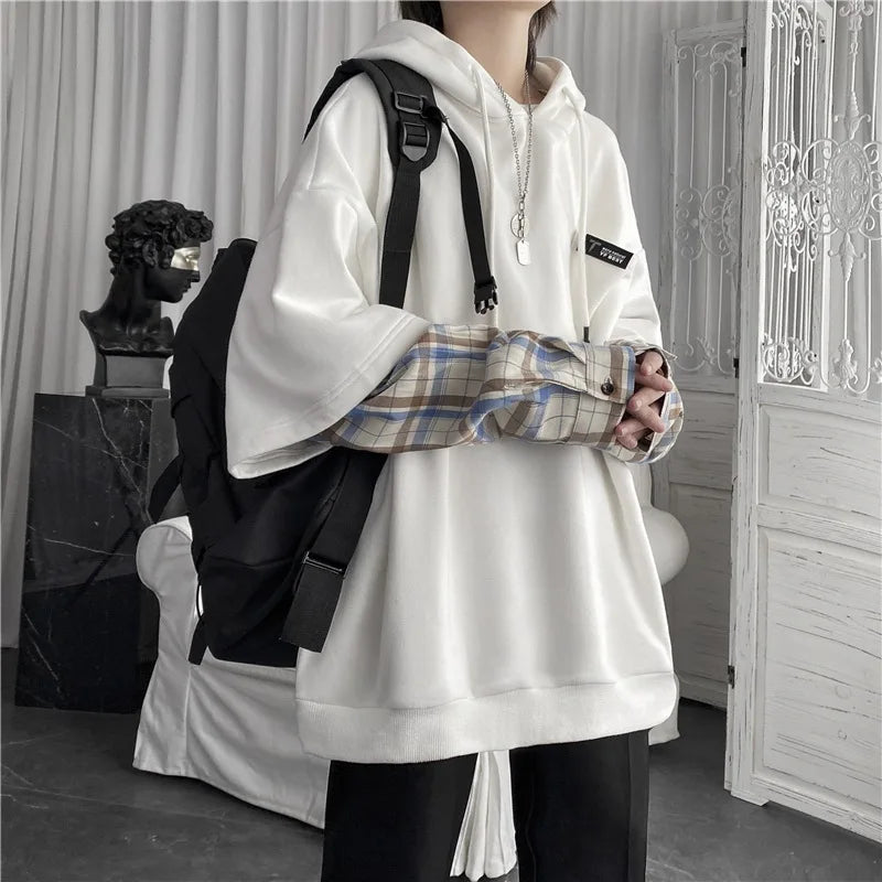Y2K Layered Plaid Sleeve Hoodie