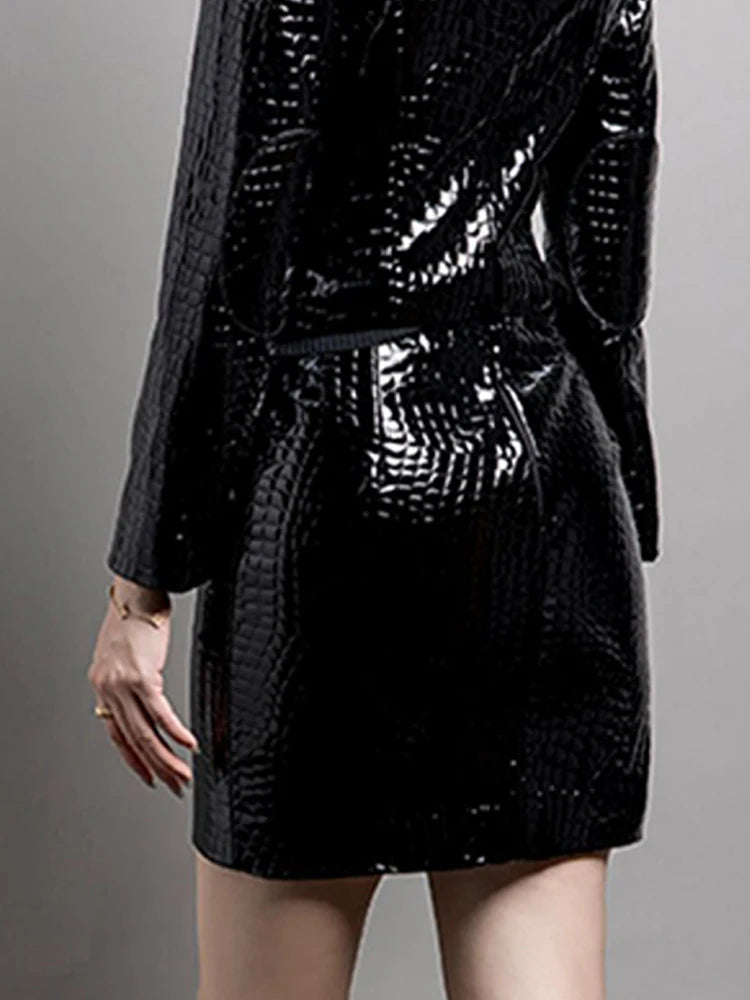 Reflective Black Crocodile Leather Mini Skirt