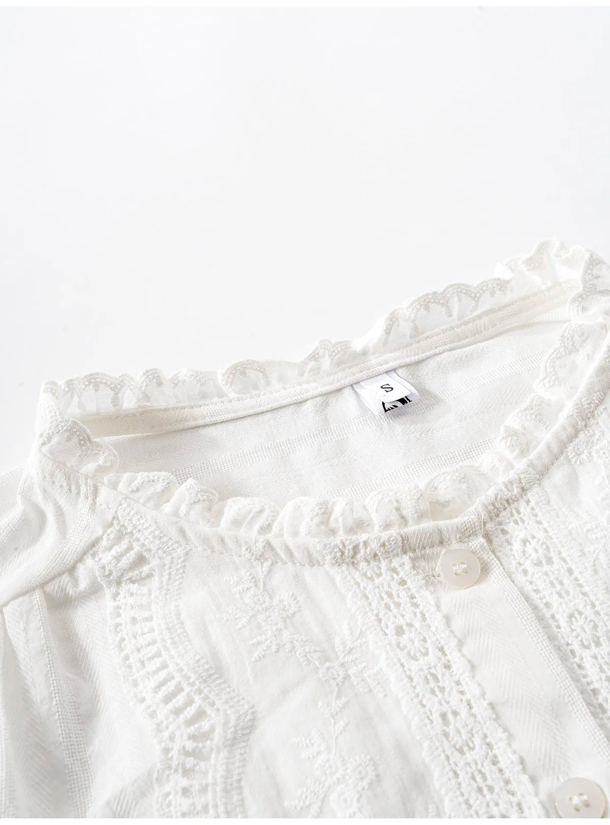Close-up of a white lace blouse with ruffled trim and decorative buttons, showing part of the neckline and fabric texture against a plain white background.