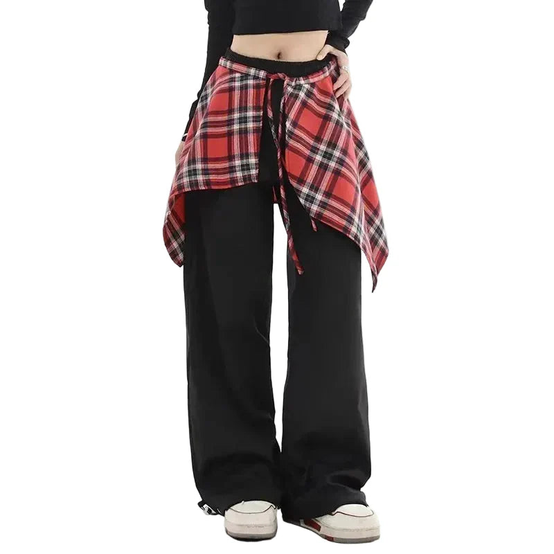 Patchwork Plaid Skirt High Waisted Pants