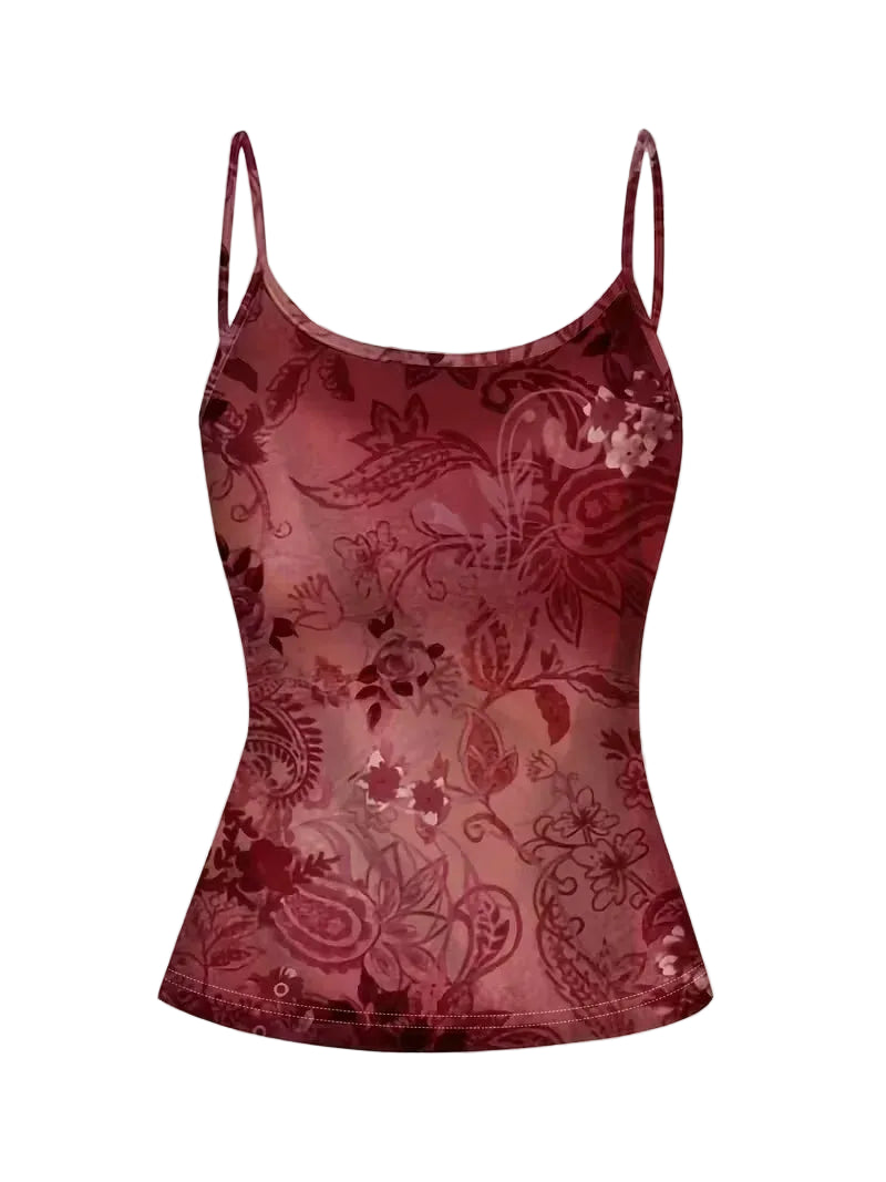 Red floral patterned tank top on a gray background