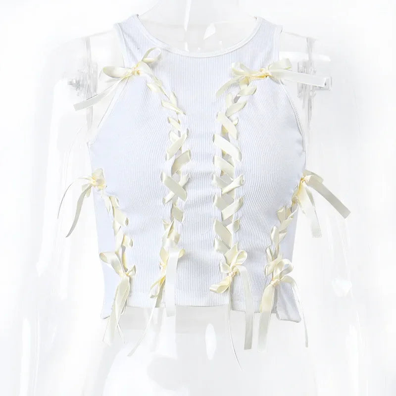 Coquette White Lace-Up Tank Top