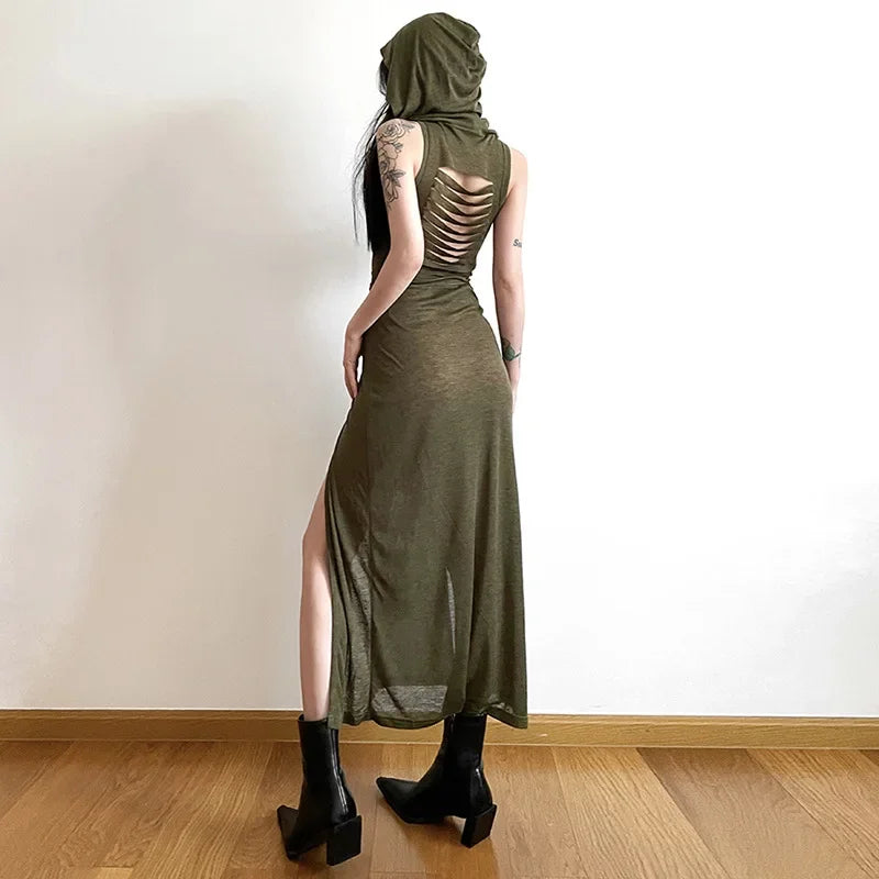 Gothic Hooded Cut Out Maxi Dress