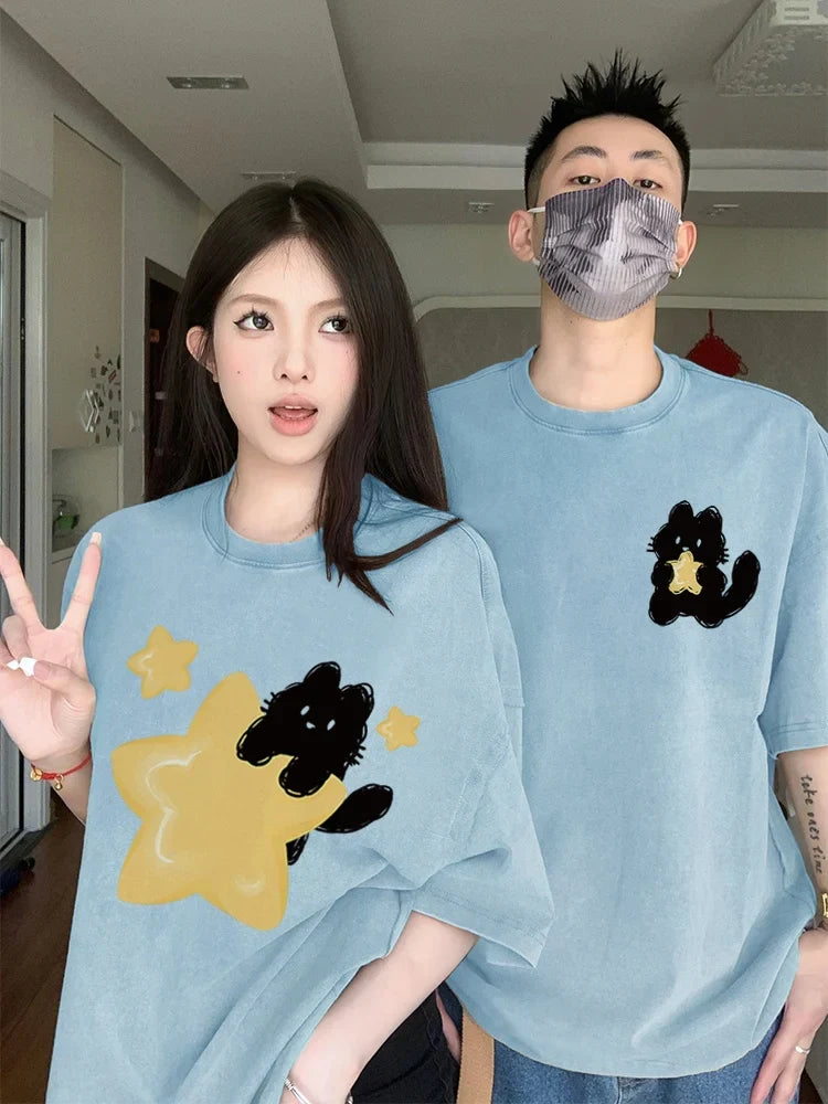 Gelbes Sternkatzen-Oversized-T-Shirt