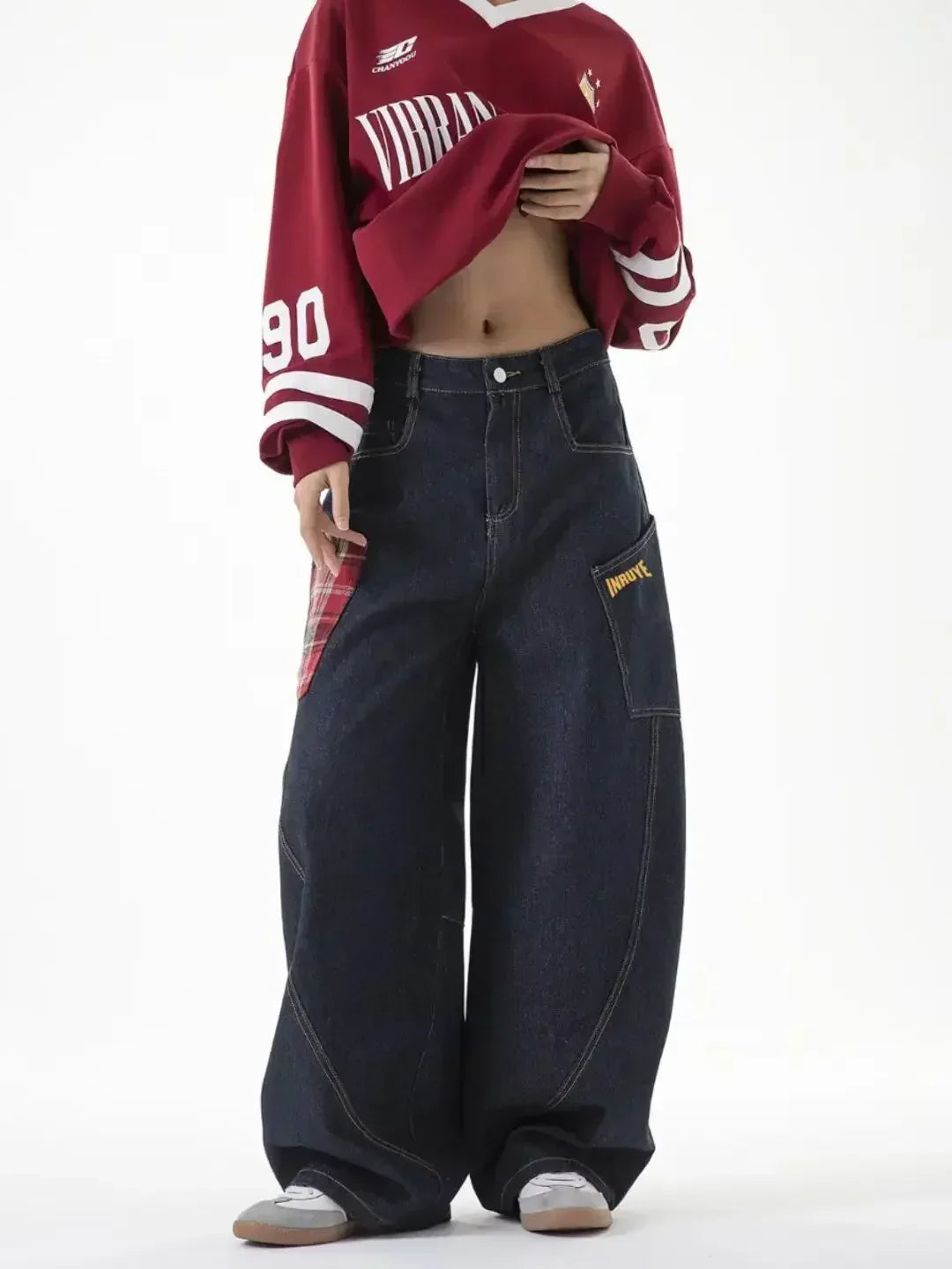 Bandana-Patchwork-Plaid-Jeans mit weitem Bein