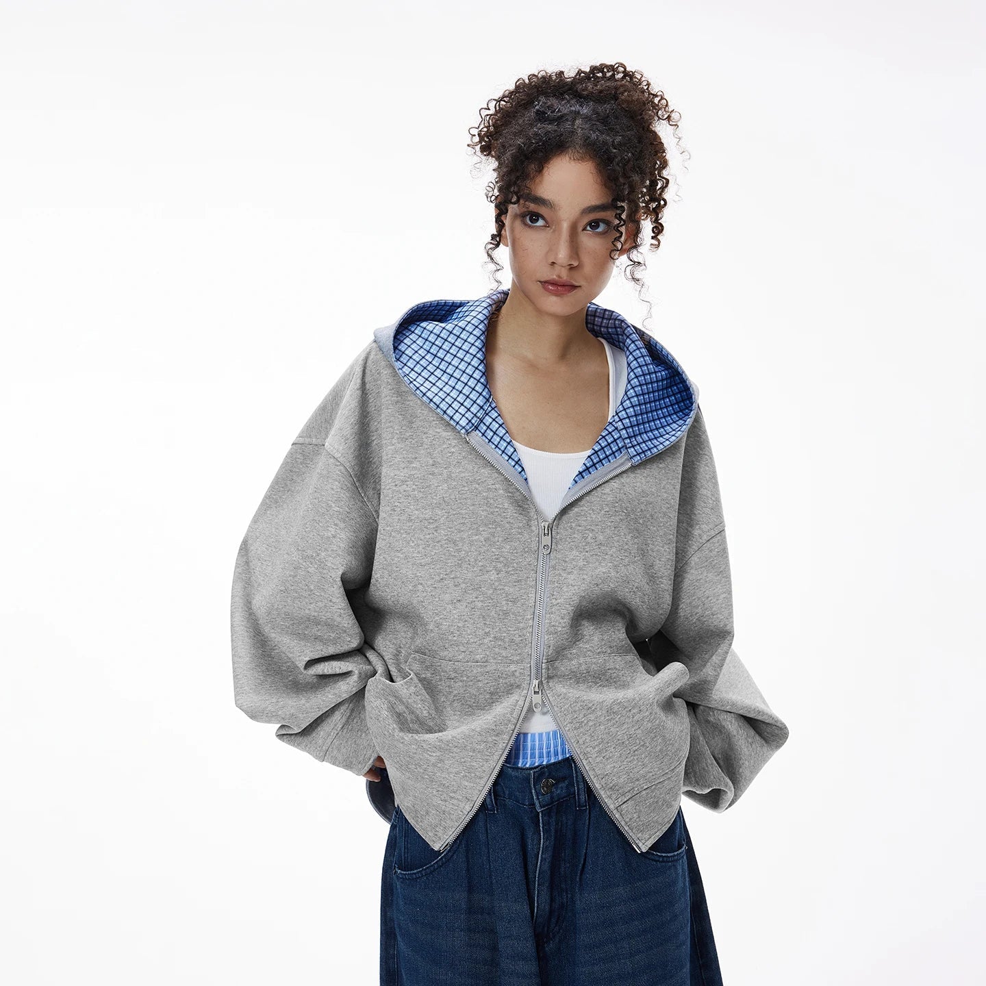 Reversible Inner Plaid Zip-up Hoodie