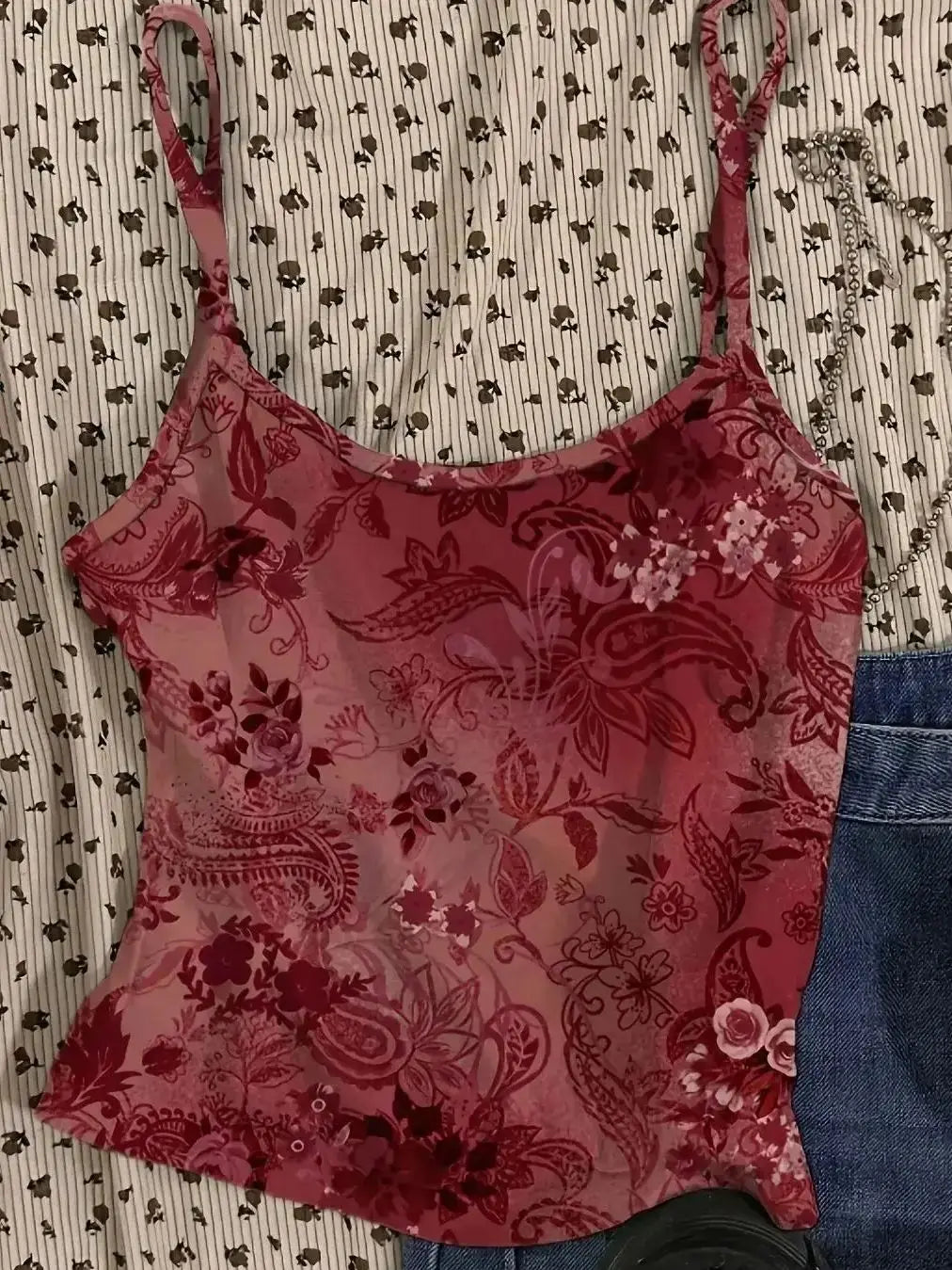 Y2K Red Floral Sheer Cami Crop Top