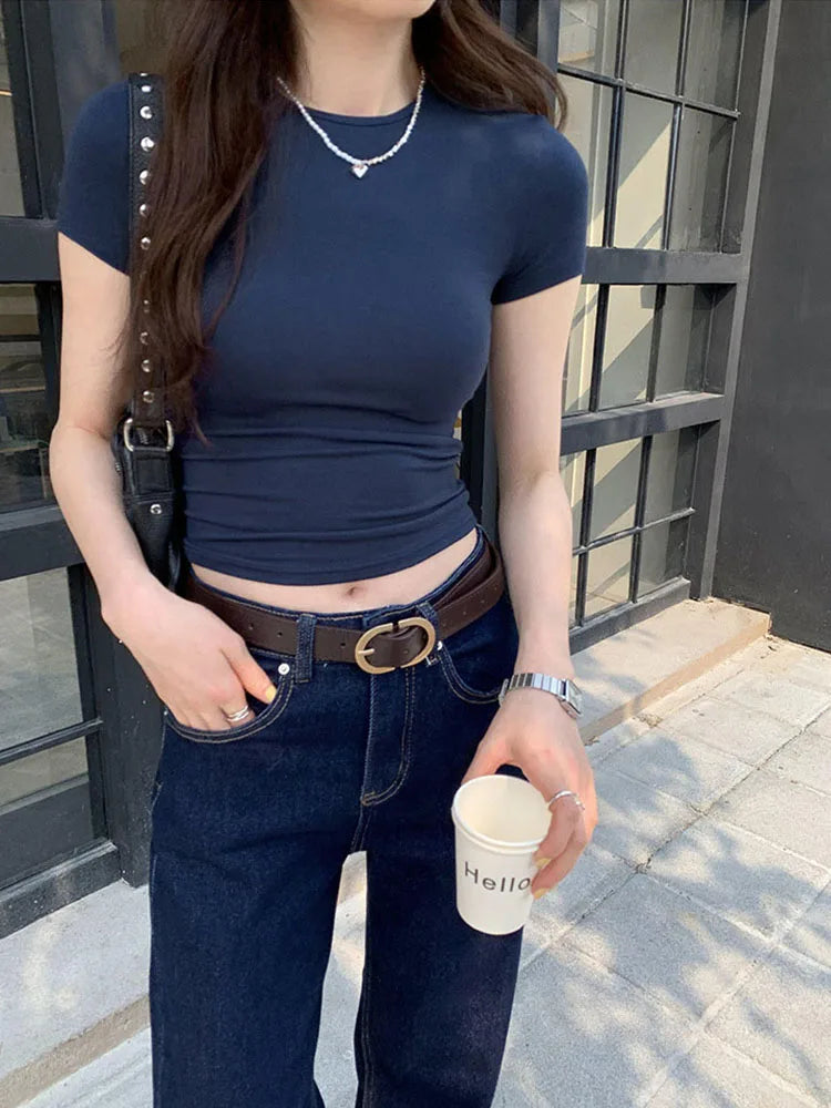 Soft Girl Crewneck Short Sleeve Basic Crop Top