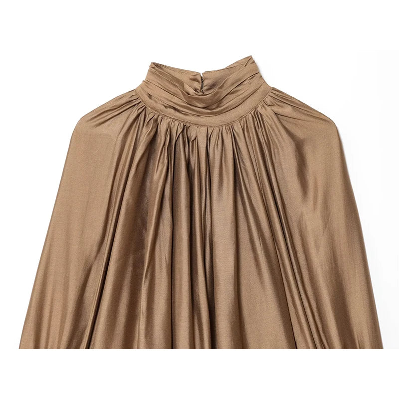 Half High Collar Pleated Long Sleeve Office Shirt