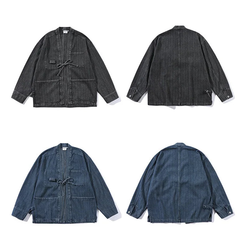 Drawstring Vintage Loose Fit Denim Kimono