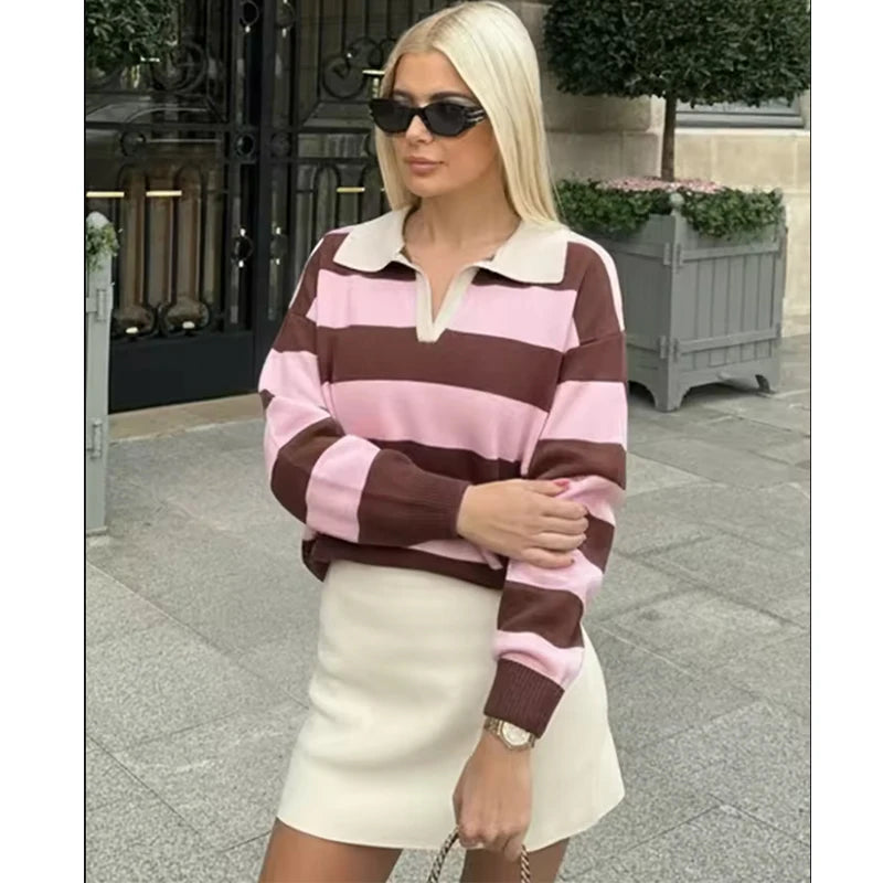 Women's Polo Stripped Colorful Sweater