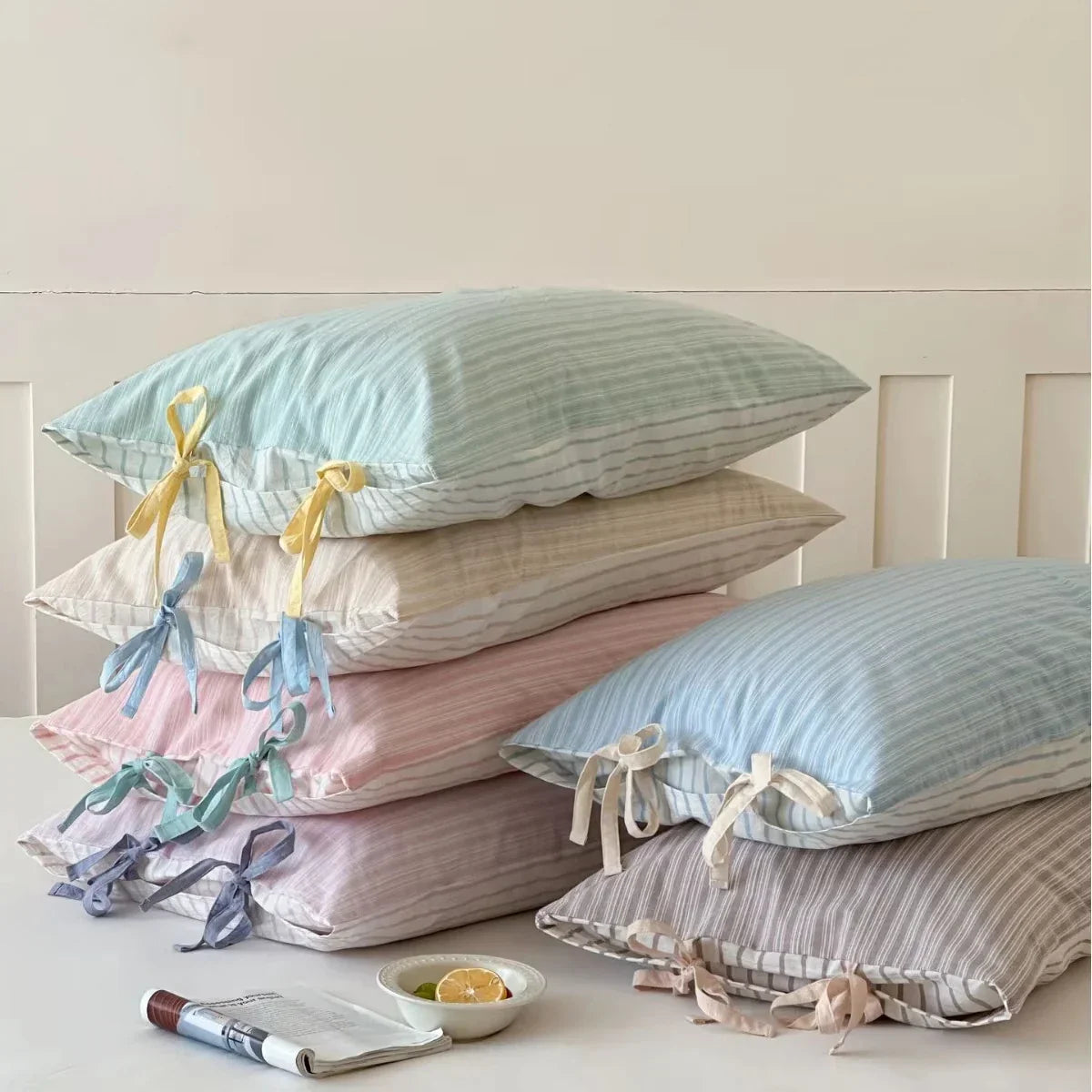 Double Sided Stripes Bow Cotton Pillow Case