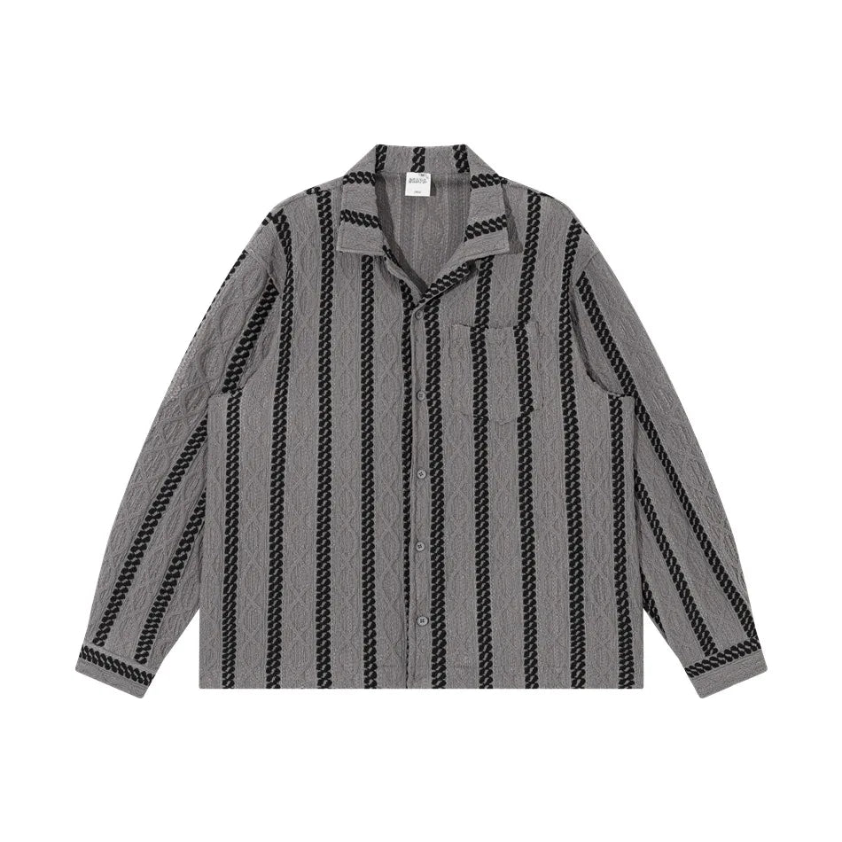 Gestreiftes Jacquard-Langarmhemd mit Kubakragen