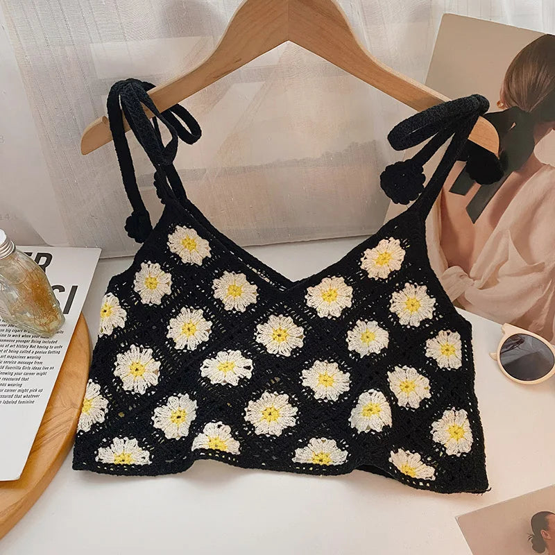 Vintage Floral Crochet Top with Tie Shoulder Strap
