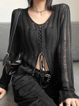 Y2K Black Grunge Sheer Lace Up Knitted Top