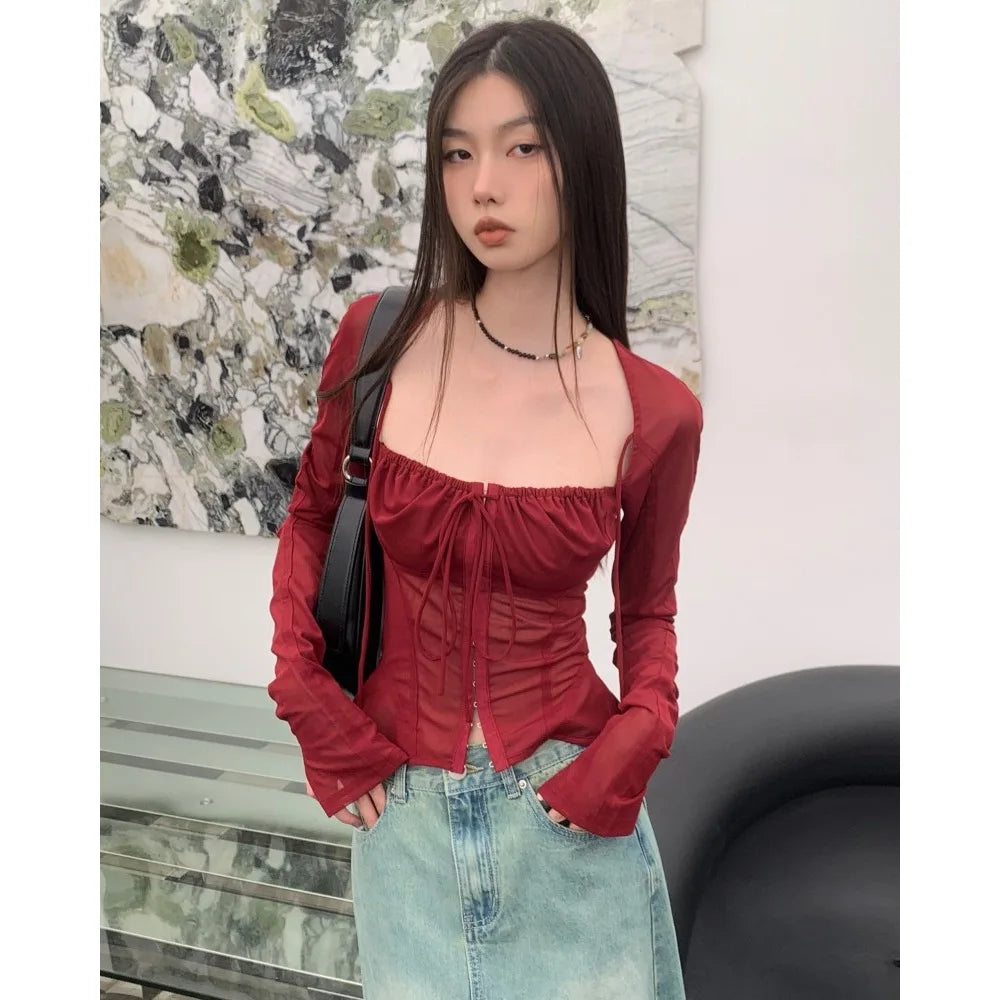 Red Wine Sqaure Neck Mesh Long Sleeve Top