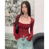 Red Wine Sqaure Neck Mesh Long Sleeve Top