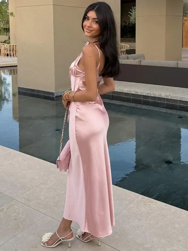 Cut Out Satin V-neck Maxi Dress
