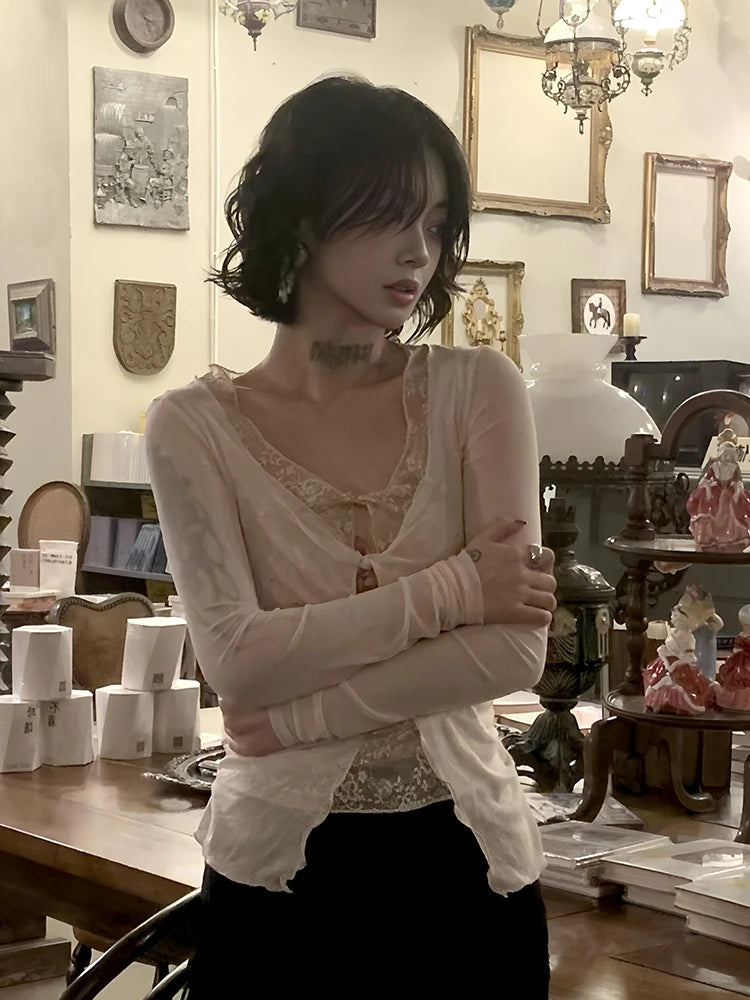 Front Tie Mesh Blouse