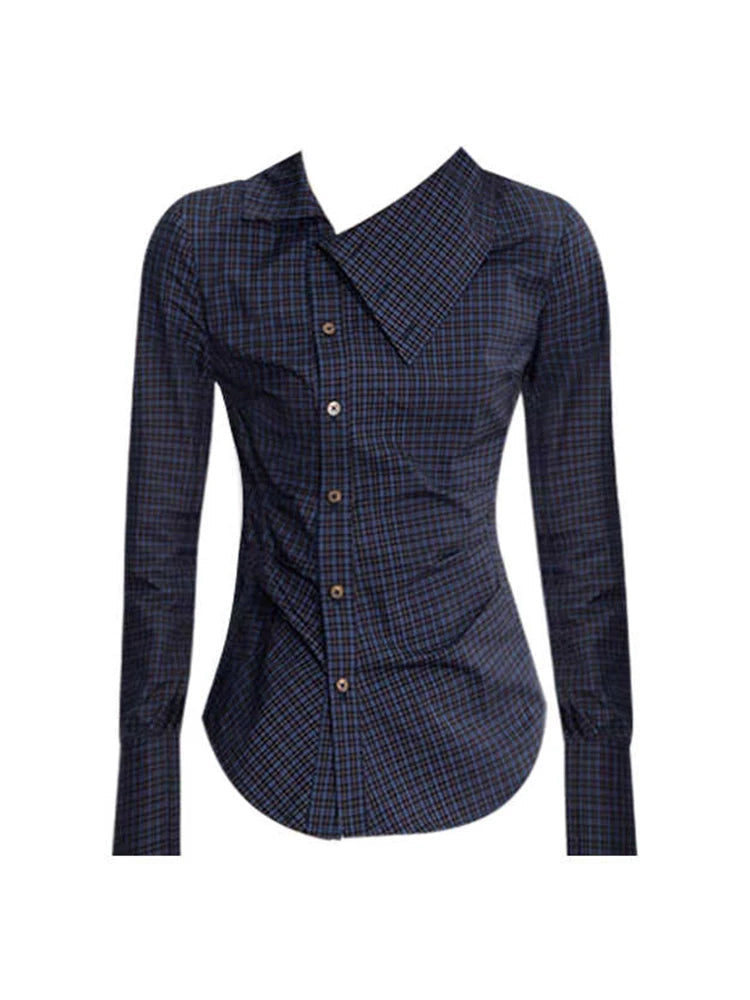 Y2k Korean Plaid Top Long Sleeve Blue Blouse