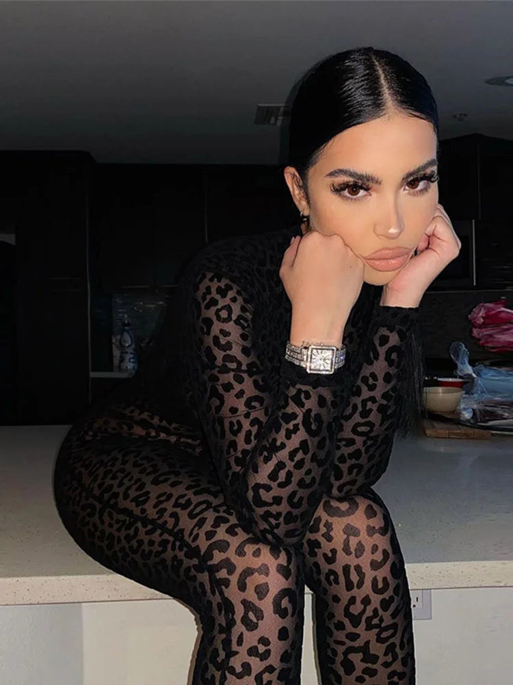 Animal Mesh Bodystocking Leopard Jumpsuit