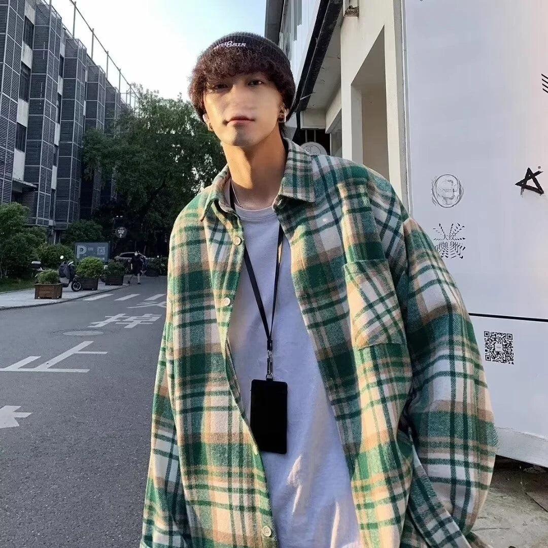 Y2K Plaid Flannel Men Shirt