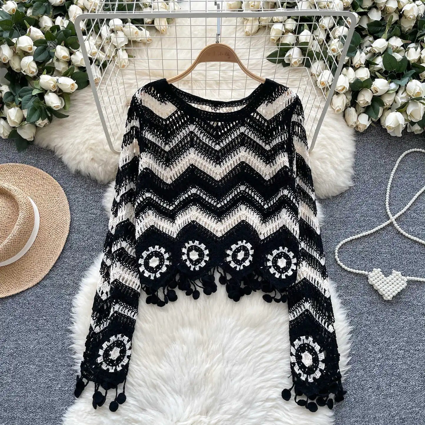 Handmade Knitted V-Neck Wavy Striped Crochet Sweater