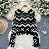 Handmade Knitted V-Neck Wavy Striped Crochet Sweater