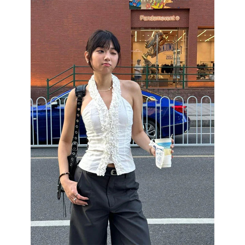White Summer Halter Ruffles Blouse Shirt