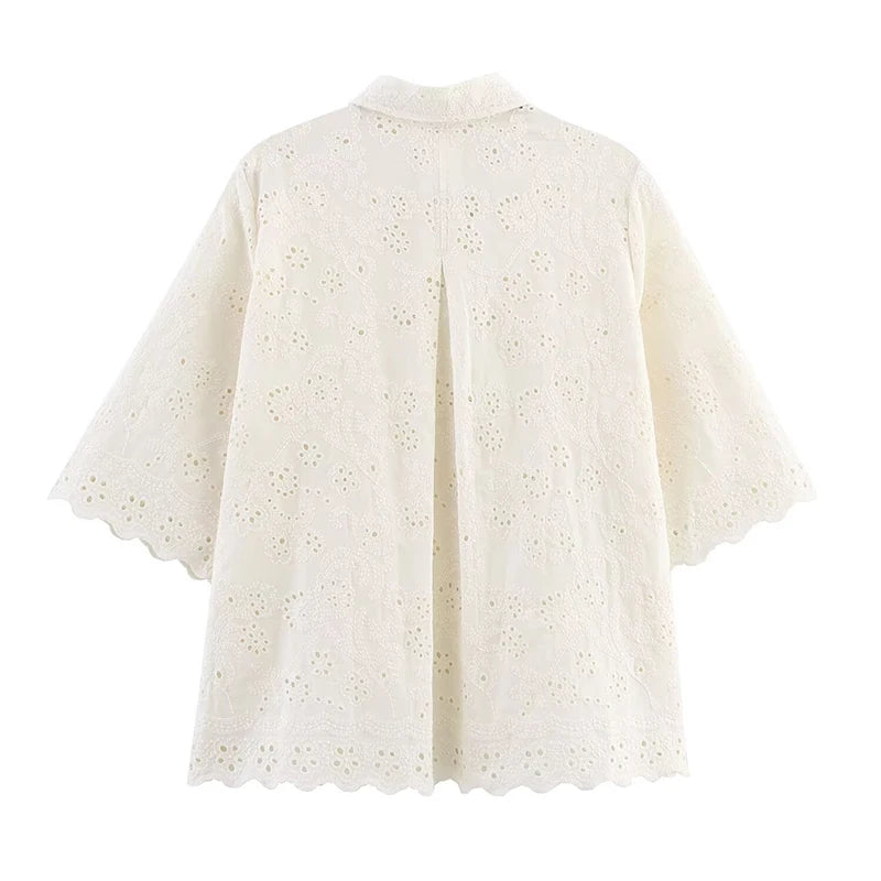 Fashion Hollow Out Embroidery Women Shirt