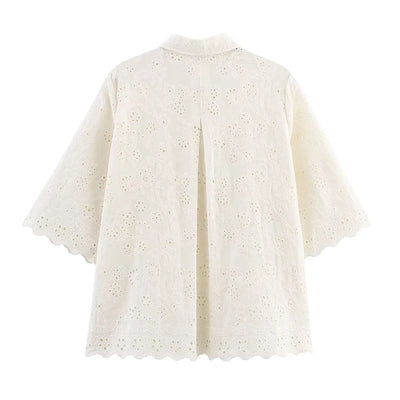 Fashion Hollow Out Embroidery Women Shirt