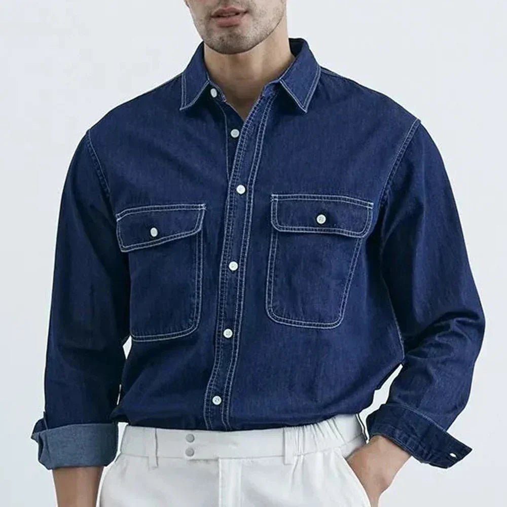 Casual Moisture-Wicking Long-Sleeve Denim Shirt