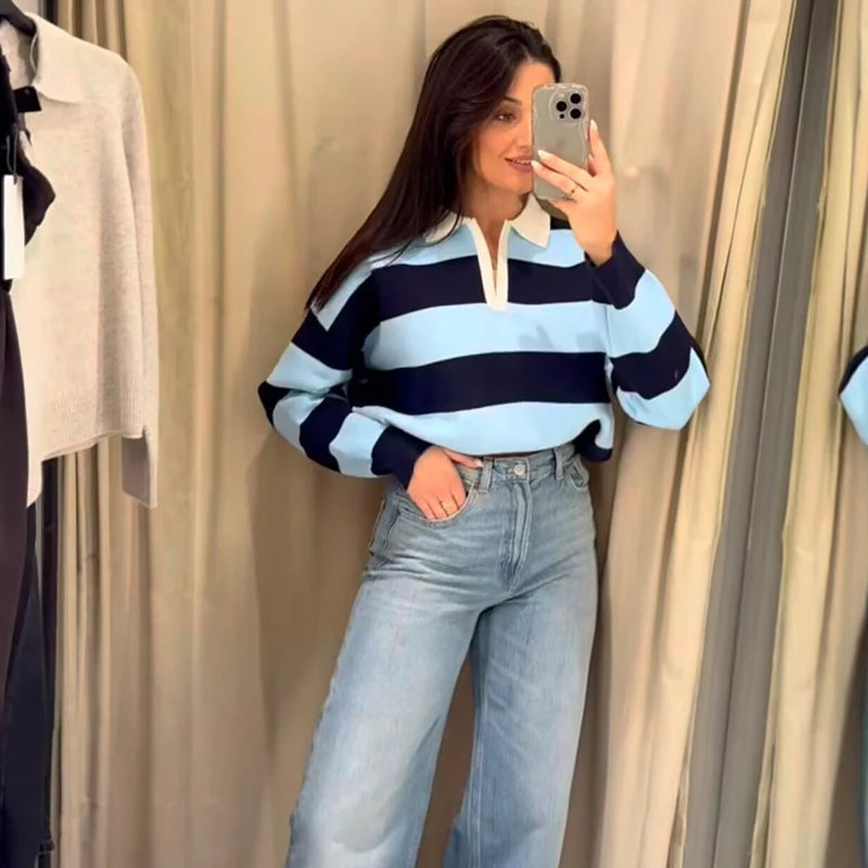 Women's Polo Stripped Colorful Sweater