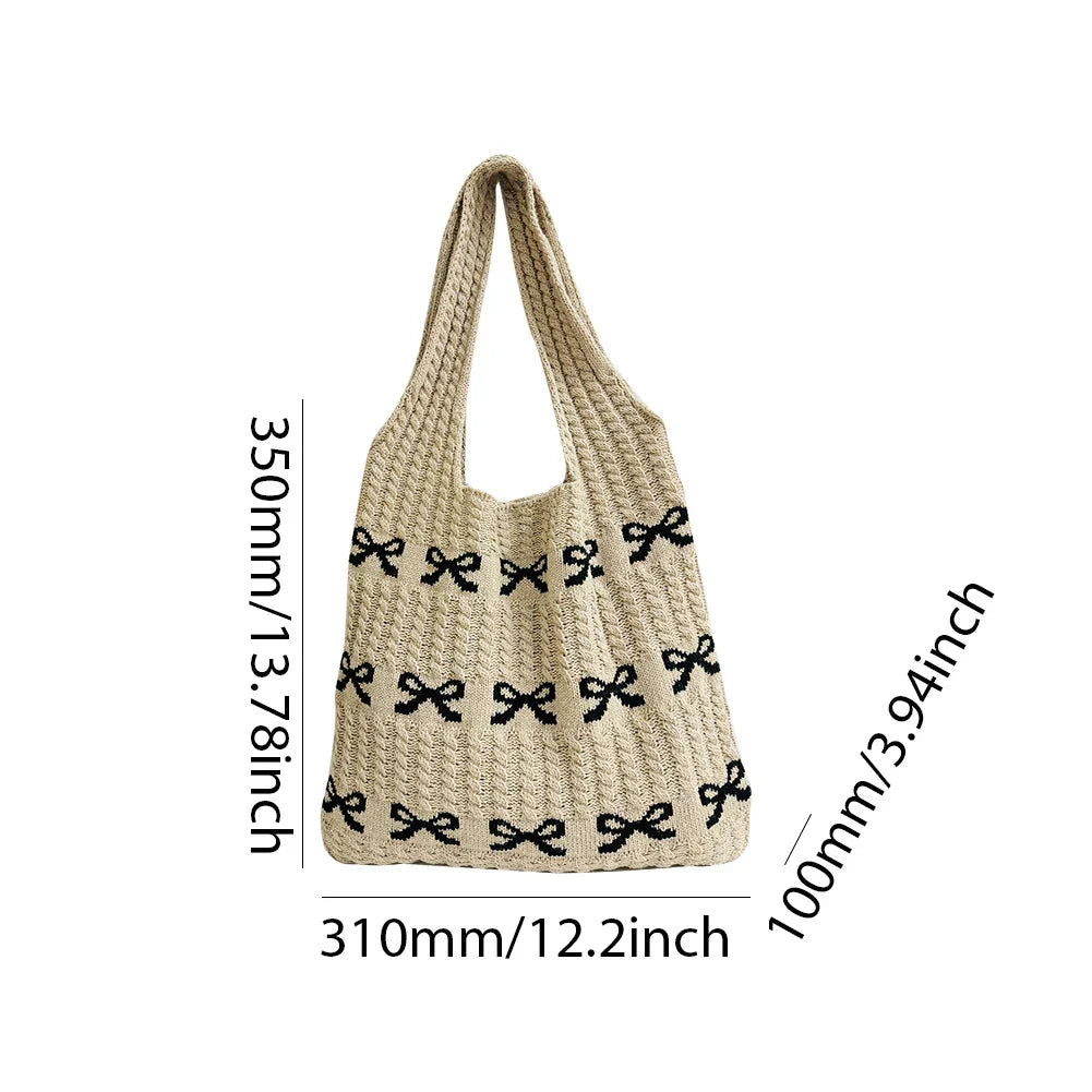 Bow Pattern Knitted Crochet Tote Bag