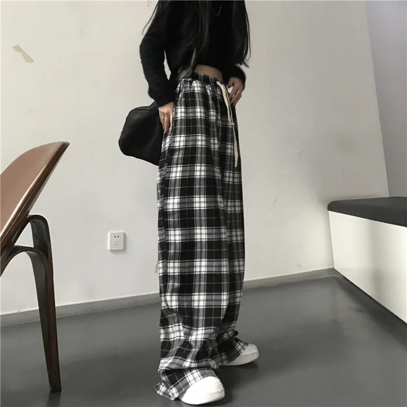 High Waisted Plaid Baggy Pants