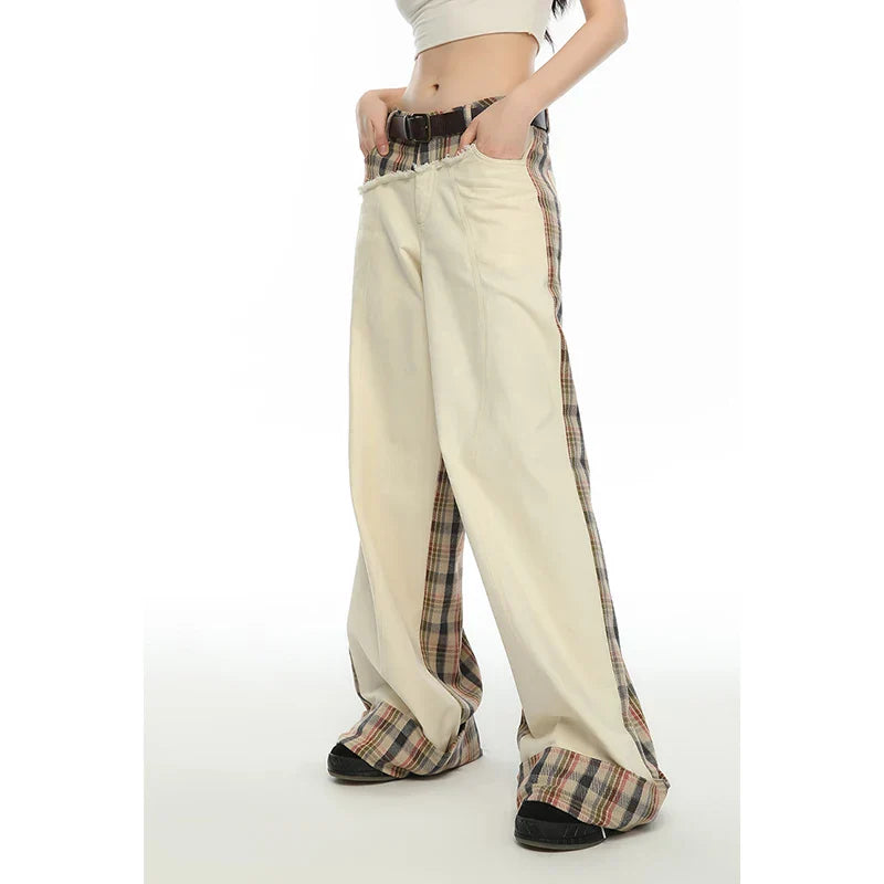 Patchwork Beige High Waist Wide Leg Pants