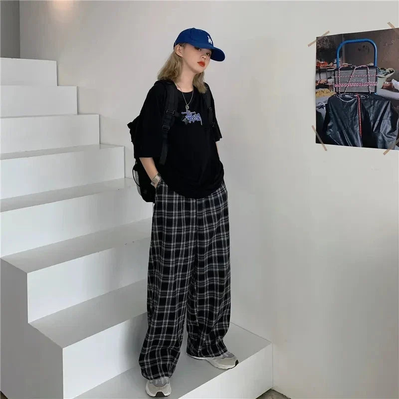 Oversized Black Pink Plaid High Pants