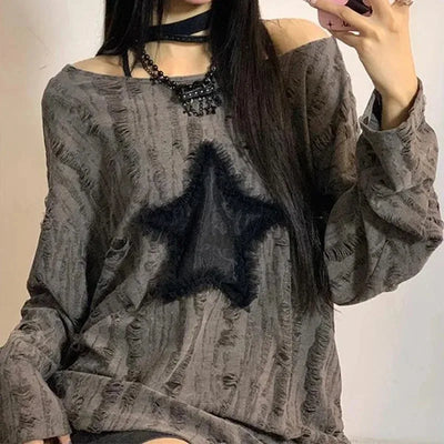Y2K Grunge Star Off-Shoulder Sweater