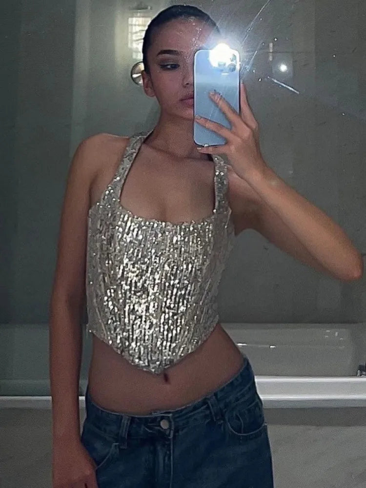 Sequins Hanging Neck Crop Top