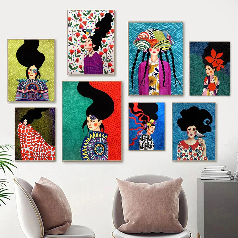 Retro Flowers Girls Hair Paintings Poster