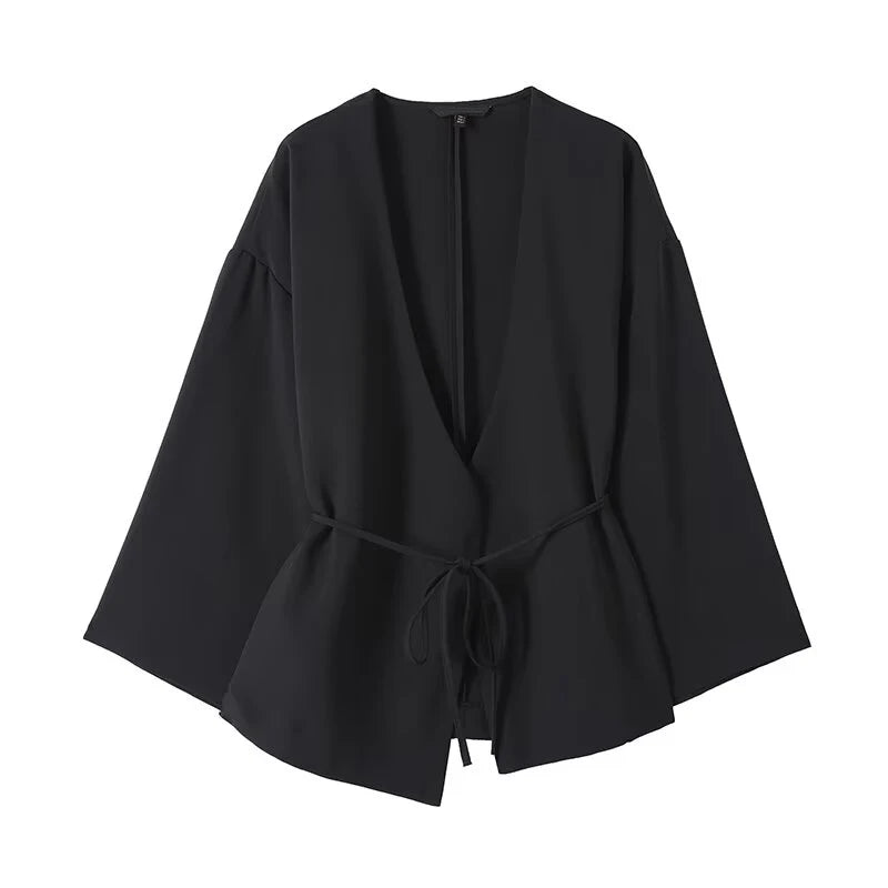 Women Lace Up Wrap High Street Black Blouse