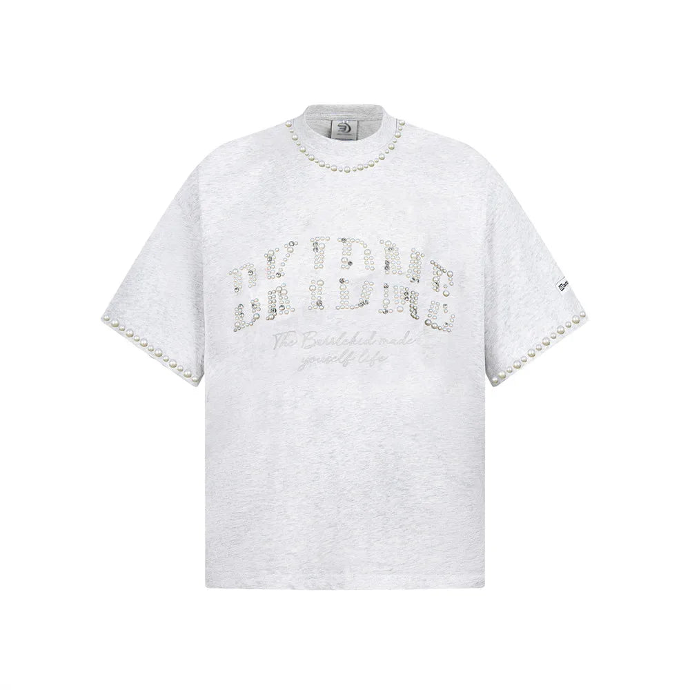 Embroidered Beading Crew Neck Short T-Shirt