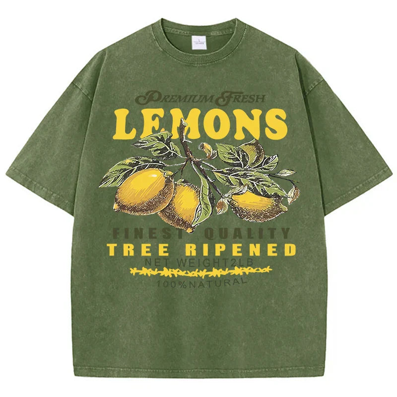 Fresh Lemon Fruit Print Washed T-Shirt